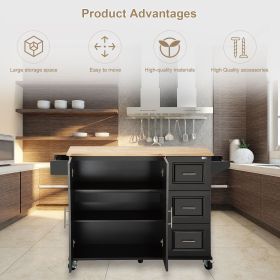 Kitchen Island & Kitchen Cart, Mobile Kitchen Island, Rubber Wood Top, Big & Adjustable Shelf Inside Cabinet for Different Utensils